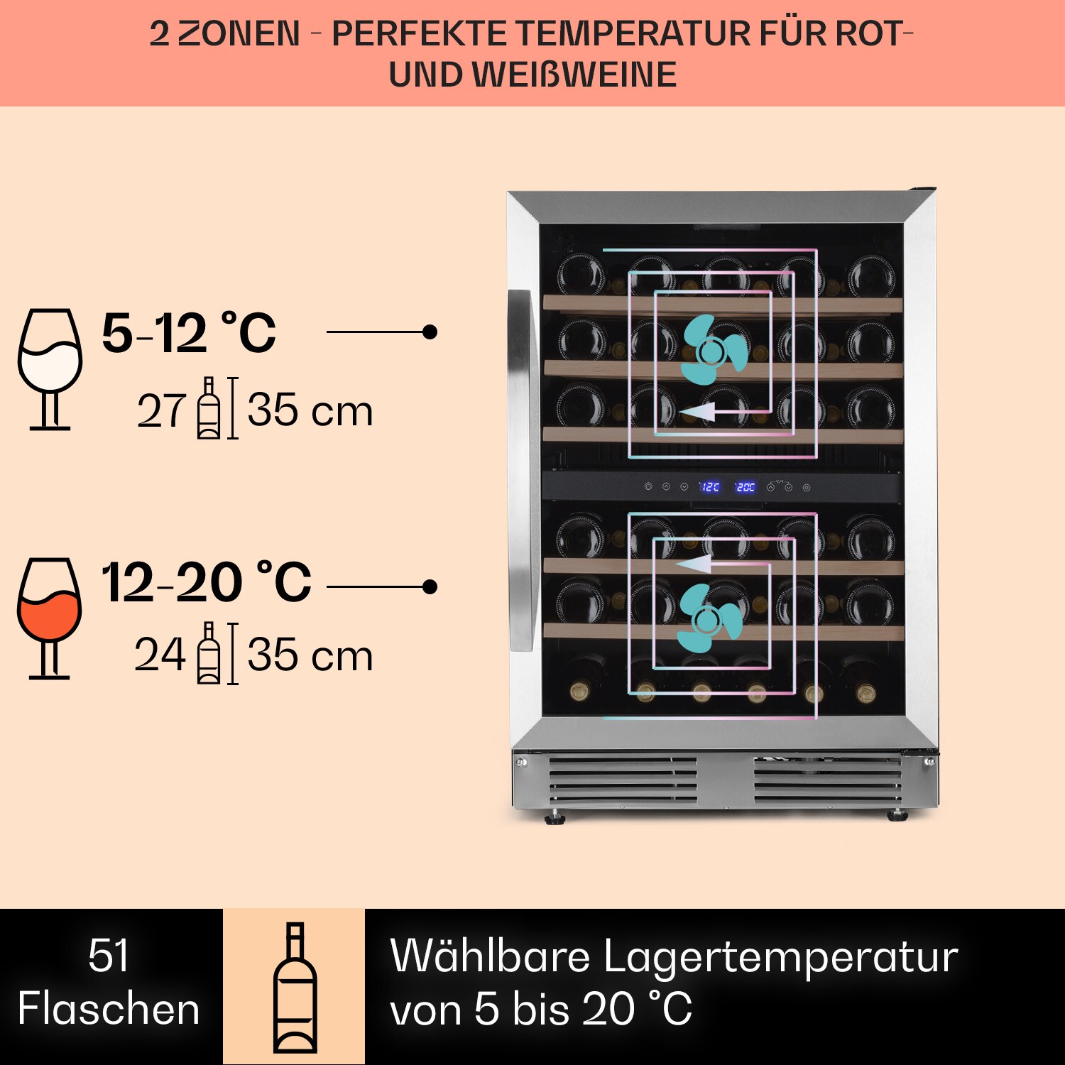 Vinovilla 50 Duo Zweizonen-Weinkühlschrank 53l 17 Fl. 3-Farben Glastür Edelstahl 2 Kühlzonen