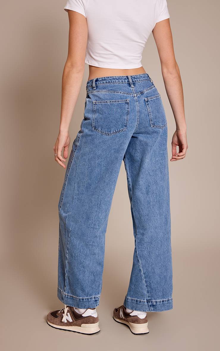 Mid Blue Wash Jean Large Bleu Moyen Décontracté Taille Mi-haute Avec Détails De Coutures