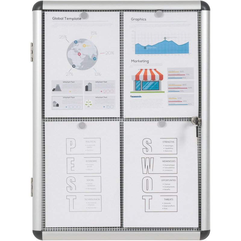 Vitrine intérieure extra plate acier laqué porte battante cadre aluminium Bi-Office Enclore - 4 feuilles