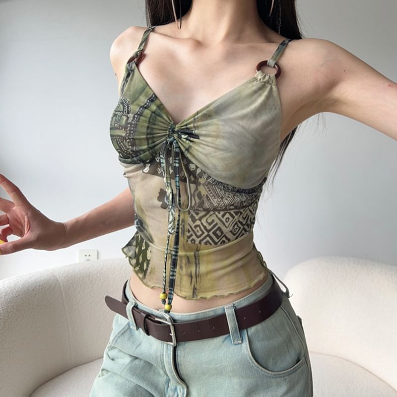PolkaBella - V-hals camisole top met trekkoord en patroon