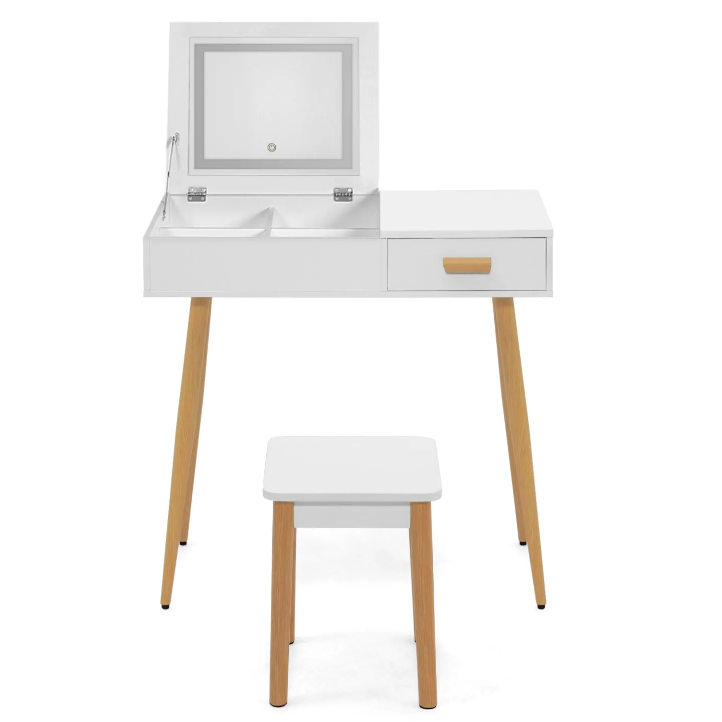 Coiffeuse scandinave LISA blanche miroir rabattable LED et tabouret