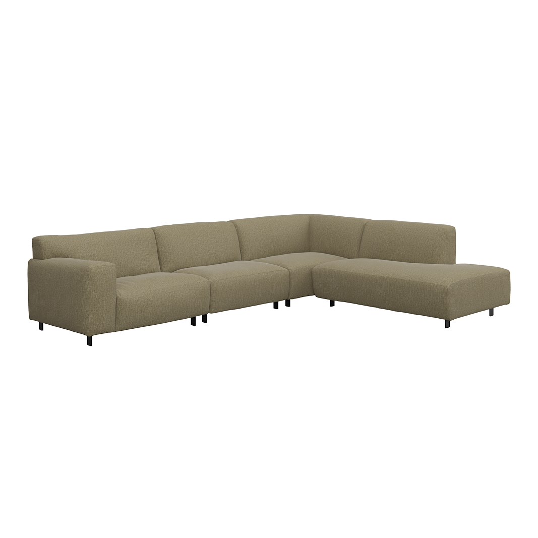 Vesta hjørnesofa 3-seter med åpen ende høyre, Big hjørnemodul, Tekstil Marsel Light green, standardsøm, sort metallben 10 cm, Comfort CM