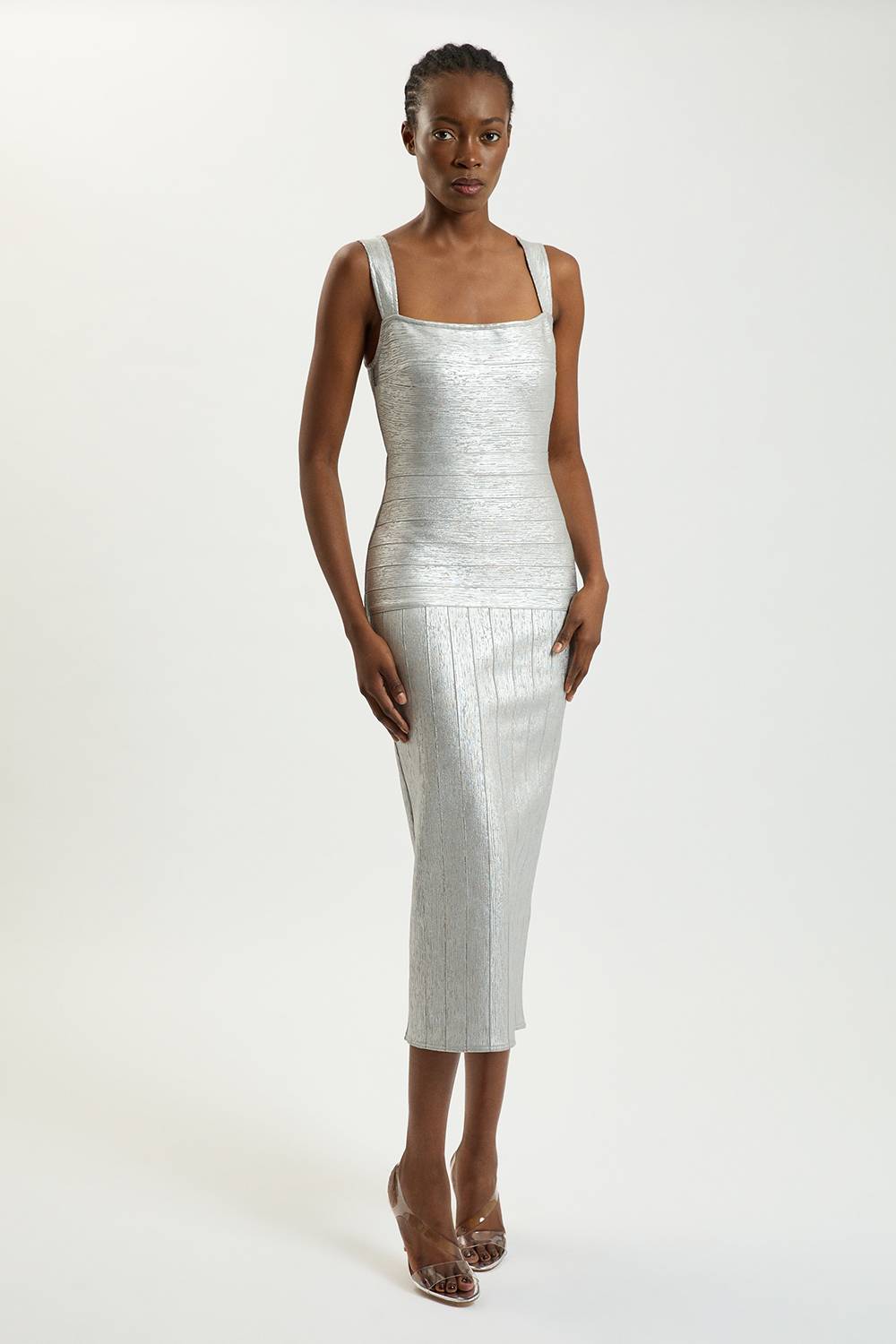 KarenMillen Robe Longue Moulante en Maille à Bretelles Métallisée