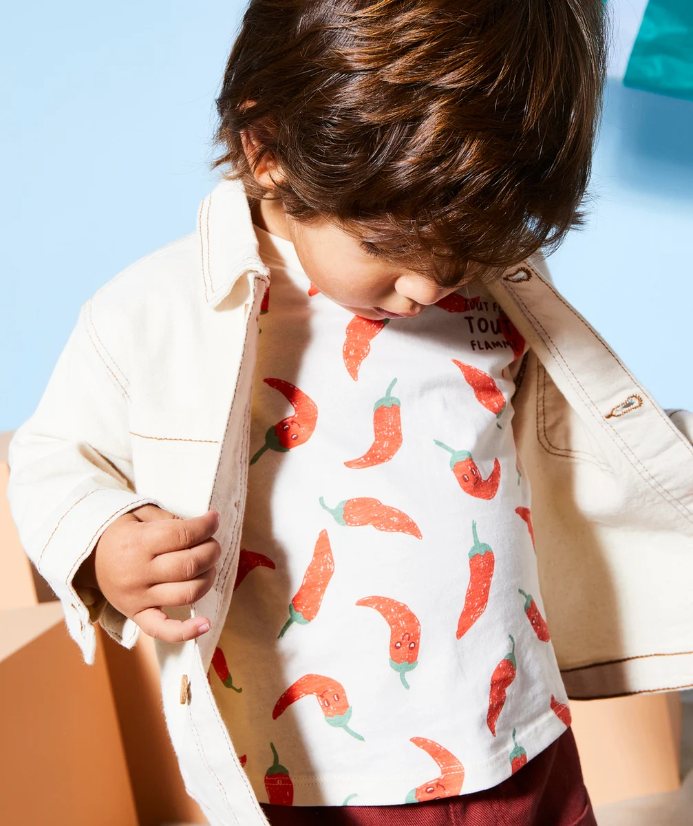 T-SHIRT BÉBÉ GARÇON EN COTON BIO ÉCRU AVEC IMPRIMÉ PIMENT