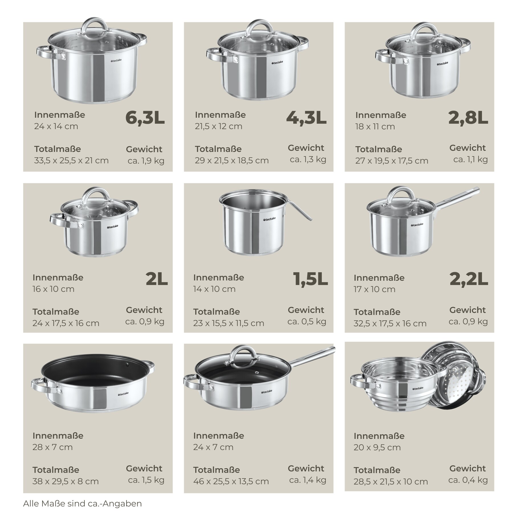tectake® Kochtopfset, 15-teilig, aus Edelstahl, für Induktion geeignet, Glasdeckel mit Dampfabzug, integrierte Messskala in den Töpfen