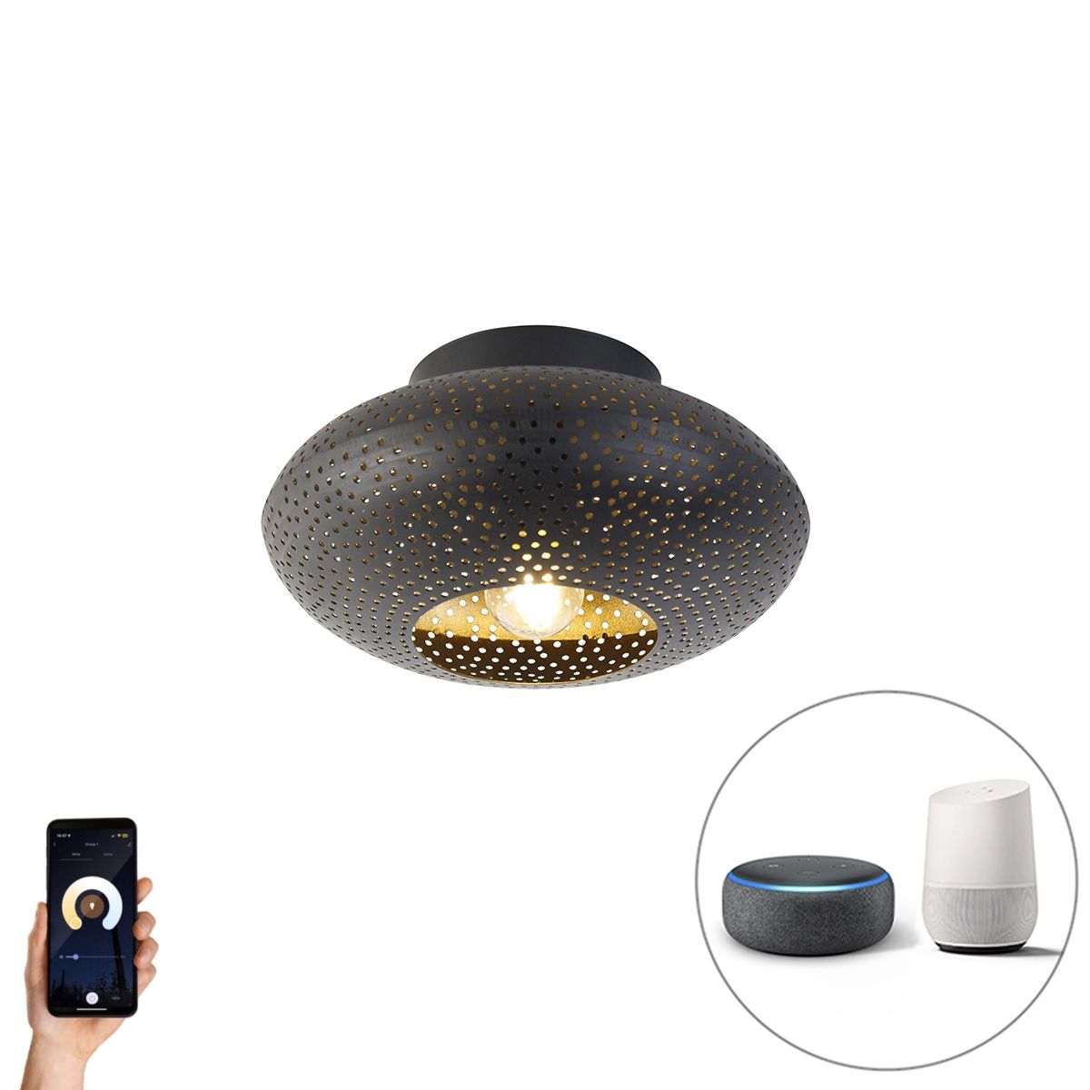 Smart plafondlamp zwart met goud 25 cm incl. Wifi P45 - Radiance