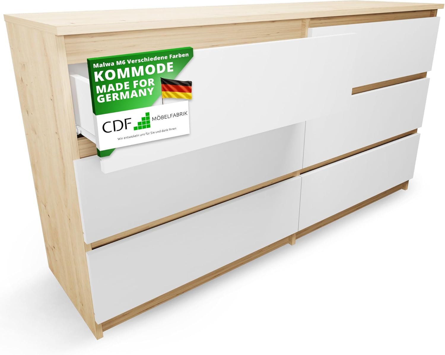 CDF Kommode Artisan Weiß mit 6 Schubladen Komodenschrank Komode für Wohnzimmer Schlafzimmer Schubladenschrank Malwa M6 140
