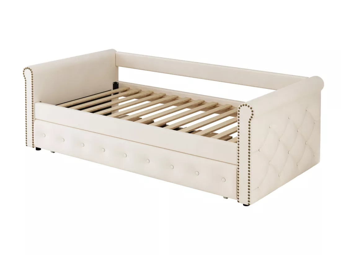 Lit gigogne 90x200cm en lin avec sommier à lattes - Beige