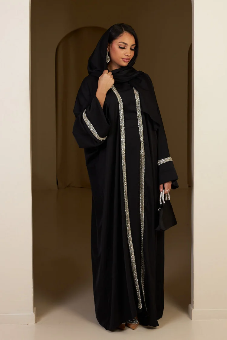 Ensemble 3 pièces abaya + gilet + voile à perles noir