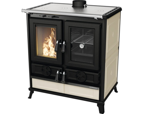 Thermorossi Violetta Evo 8,2 kW vaste brandstofkachel met beige tegels en gietijzeren kookplaat