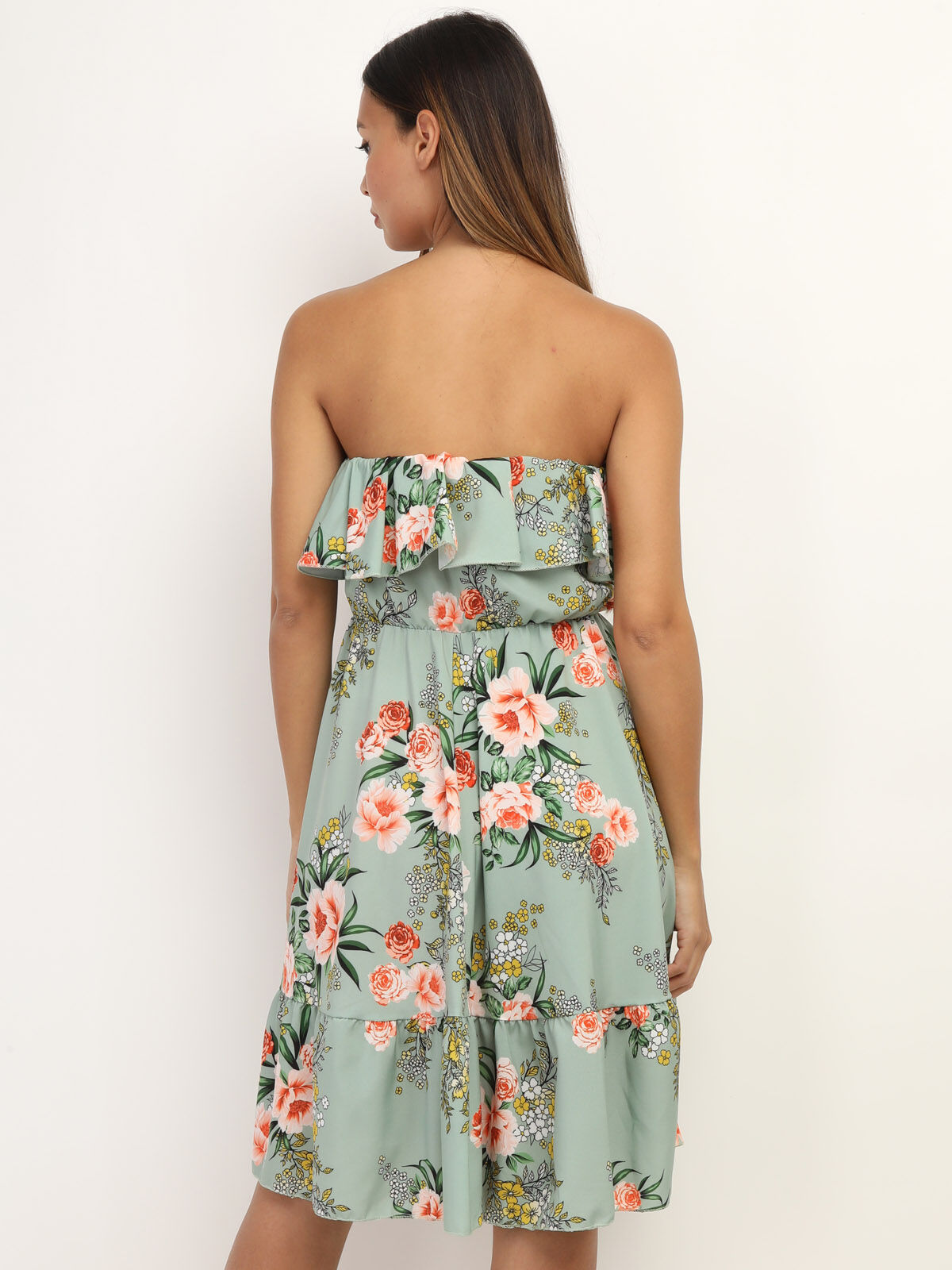 Robe bustier à volants et imprimé fleuri- Vert clair