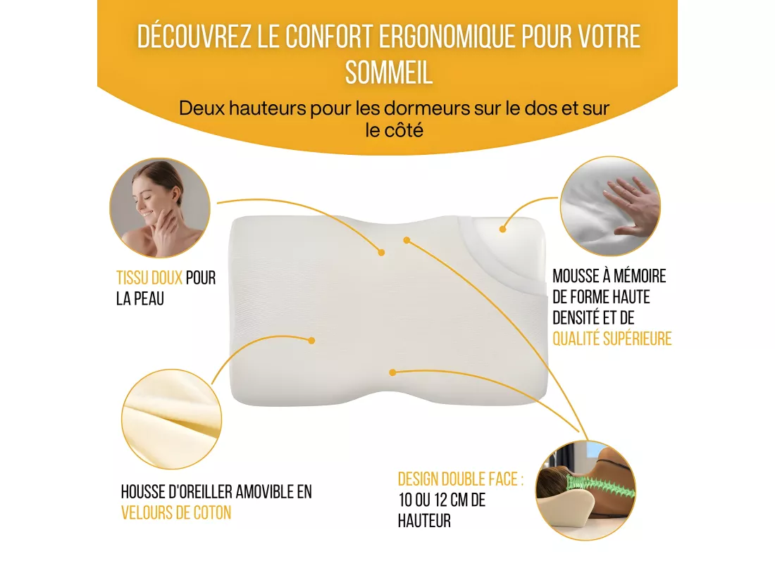 Oreiller Ergonomique Cervical - Deux hauteurs différentes - 60x35x12 - DUO PREMIUM