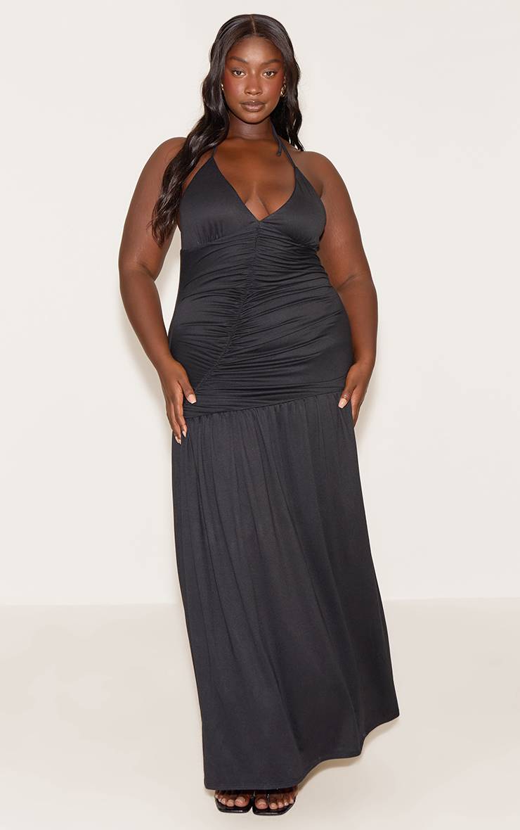 Noir Robe Maxi Grande Taille À Double Épaisseur En Tissu Doux Avec Ourlet Évasé