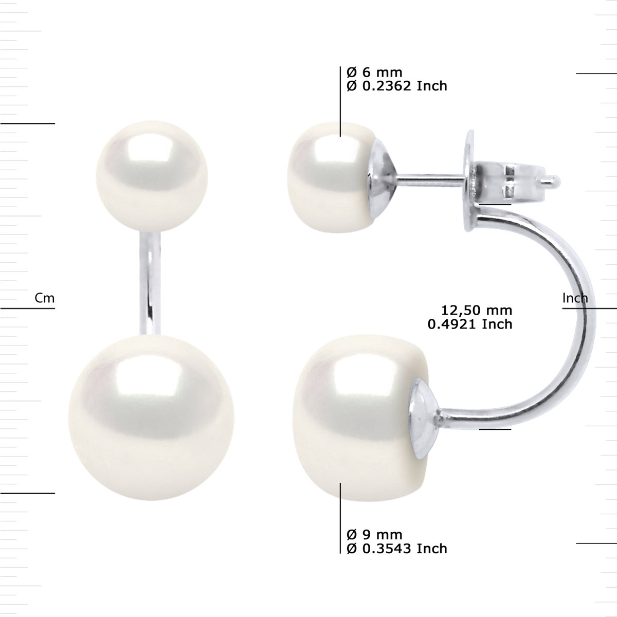 Boucles d'Oreilles DUO Perles d'Eau Douce Blanches 6 et 9 mm Argent 925