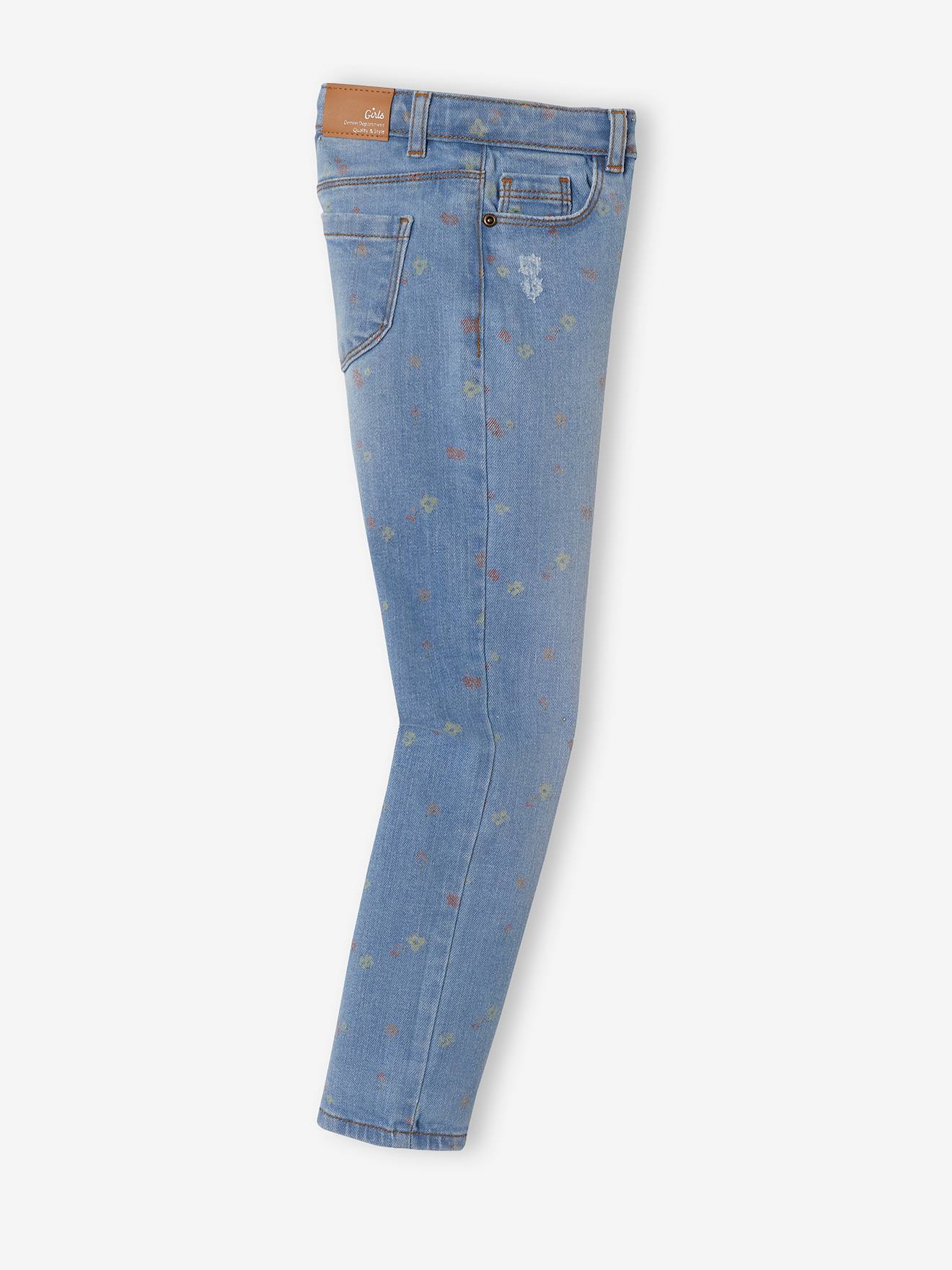 Calça jeans reta com detalhes desgastados, para menina, lavagem azul média