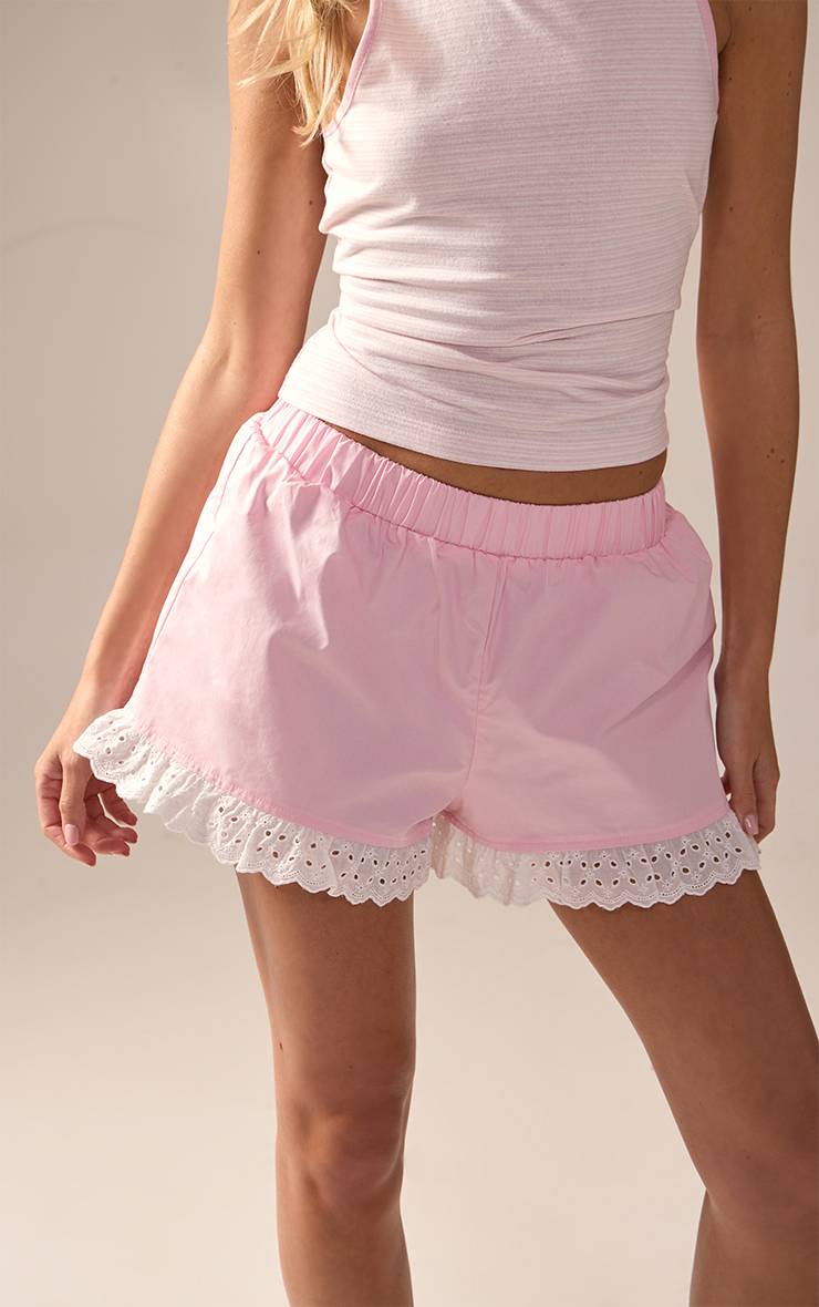 Rose Short À Finitions Broderie Anglaise Contrastées