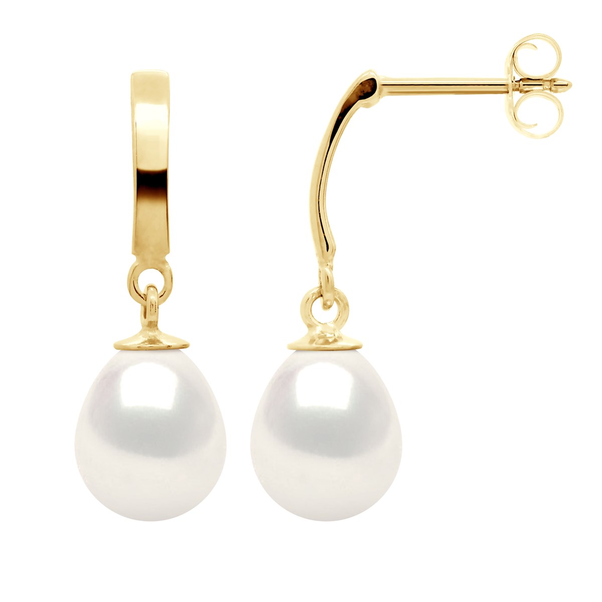 STELLA - Boucles d'Oreilles Perles d'Eau Douce 8-9 mm Blanches Or Jaune