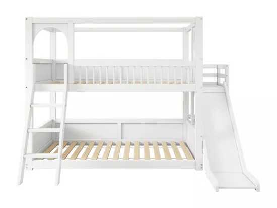 Lits pour enfants superposés 2 x 90 x 200 cm - lit cabane avec toboggan - Pin - charge max 150kg - Blanc