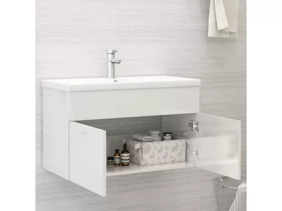 Armoire d'évier avec lavabo intégré Blanc brillant Aggloméré