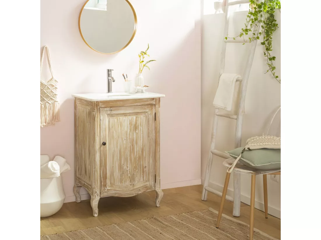 Meuble sous vasque en pin recyclé blanchi et marbre blanc Gemma
