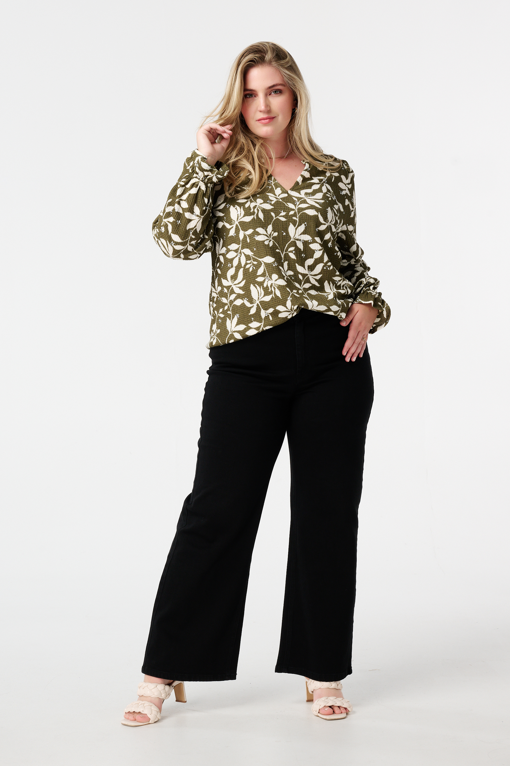 Top met print en stuctuur Multi Khaki