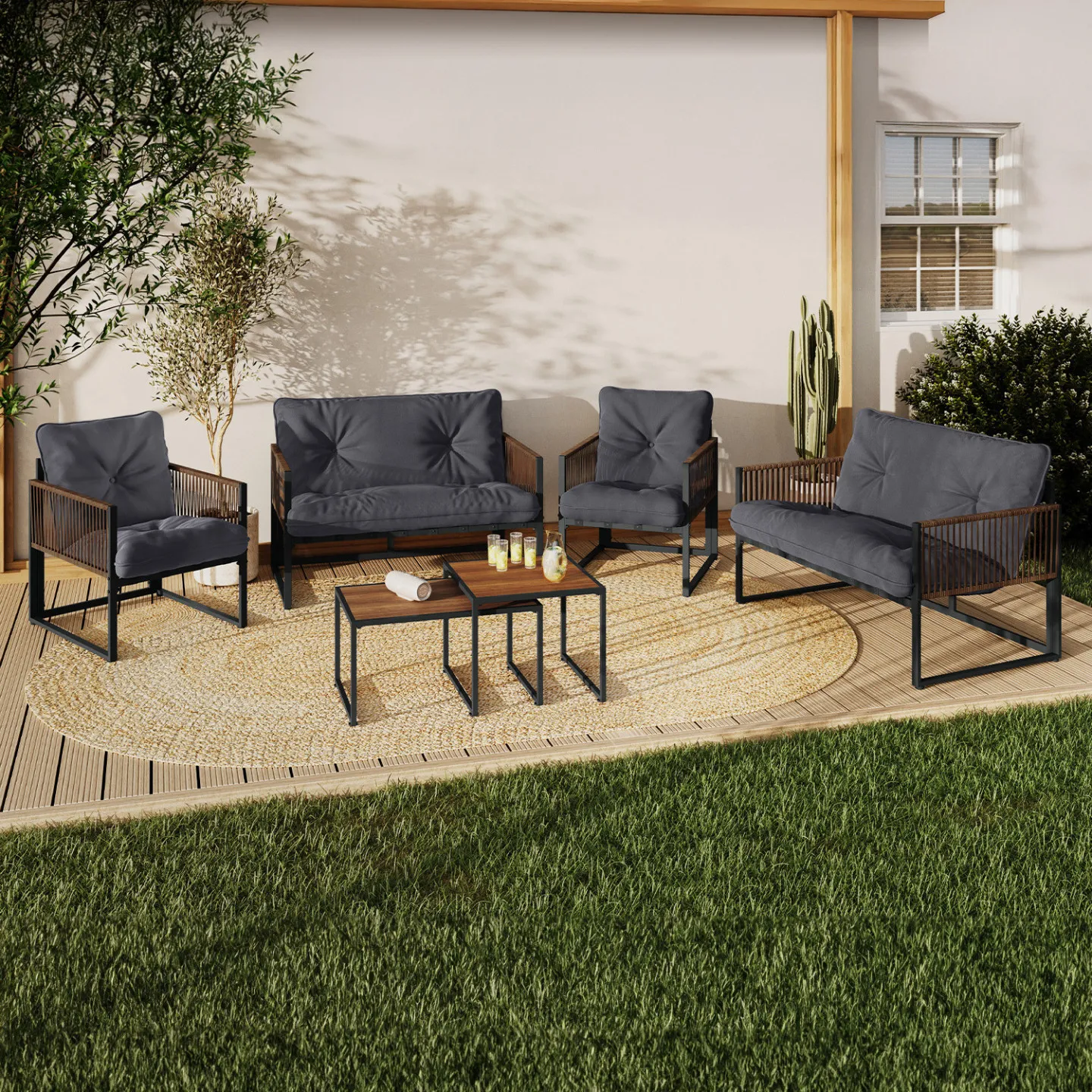 Salon de jardin bas RIO 6 places structure métal et cordage effet rotin avec coussin gris
