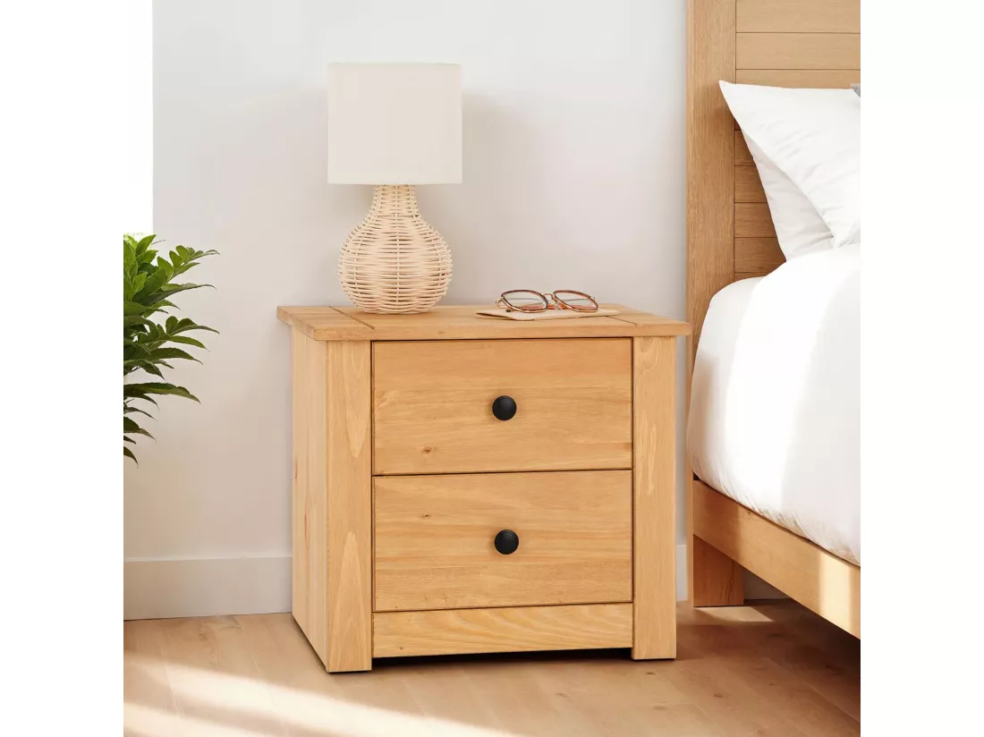 Table de chevet CANCUN H 41 cm en bois massif finition laquée avec 2 tiroirs, table de nuit meuble de rangement