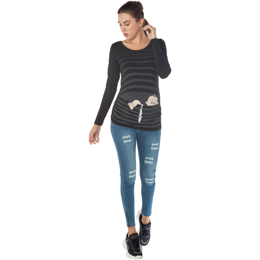 M.M.C. Umstandslangarmshirt Baby Flucht mit Motiv Schwarz