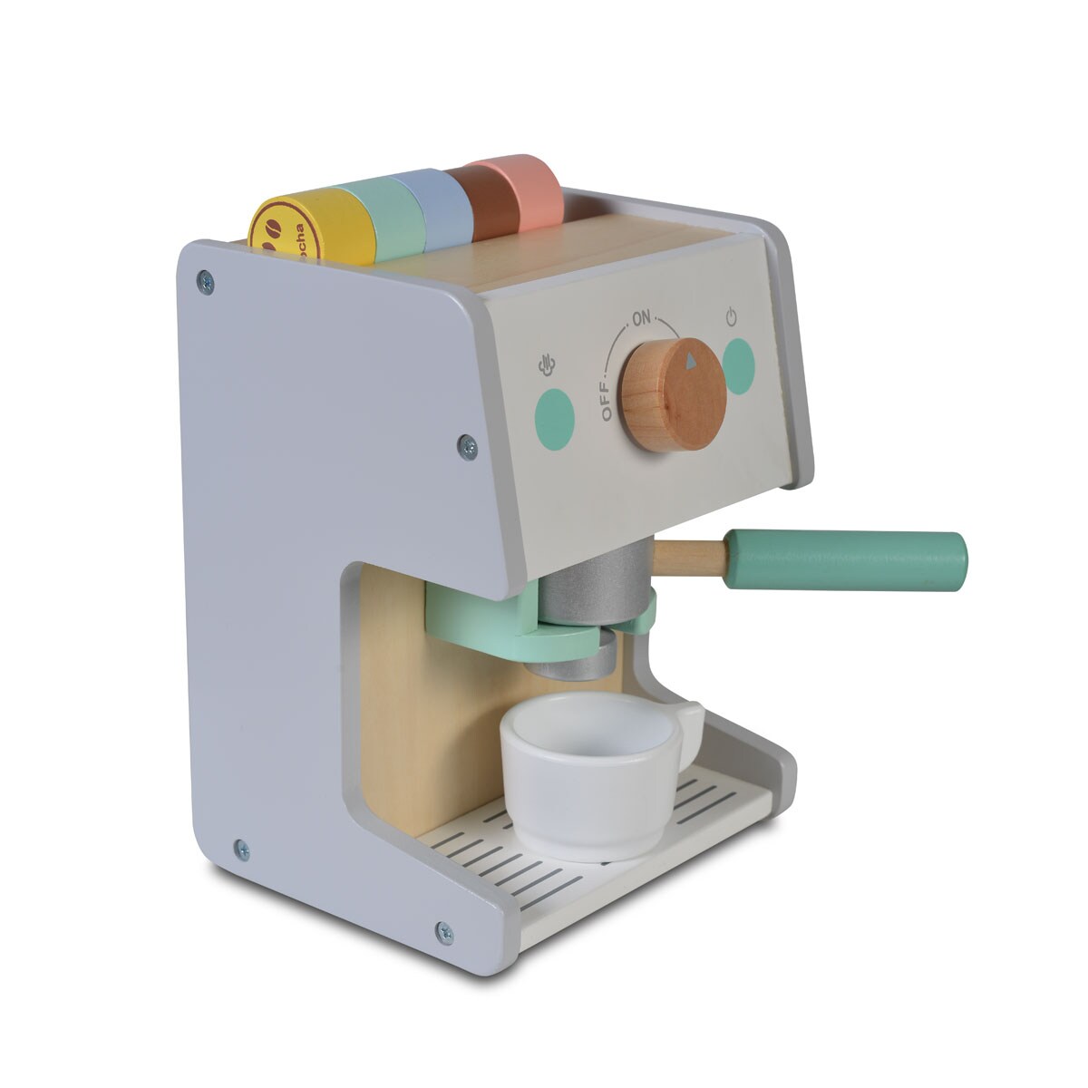 Moni Spielzeug Kaffeemaschine 4319 Holz Siebträger Kaffeekapseln Tasse Löffel