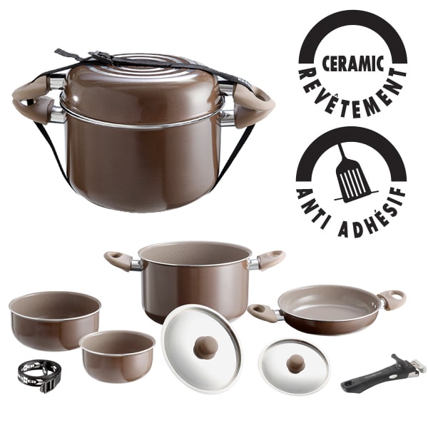 Popote alu ceramic Chocolate 20cm 7+1 pièces