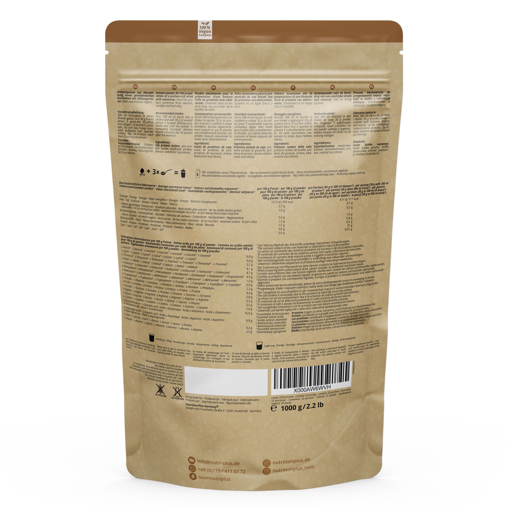 Nutri+ Veganes Proteinpulver 3k - Eiweiß Protein Pulver 1kg