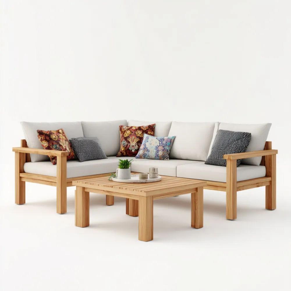Garten-Sofaset Massivholz 250x150x80 cm - Cremeweiß - Moderner Stil