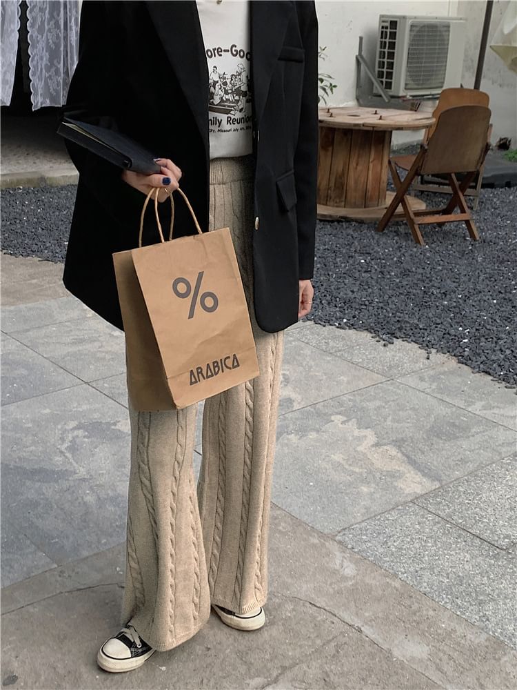 Beaustreet - Elastische taille, effen kabelgebreide broek met wijde pijpen