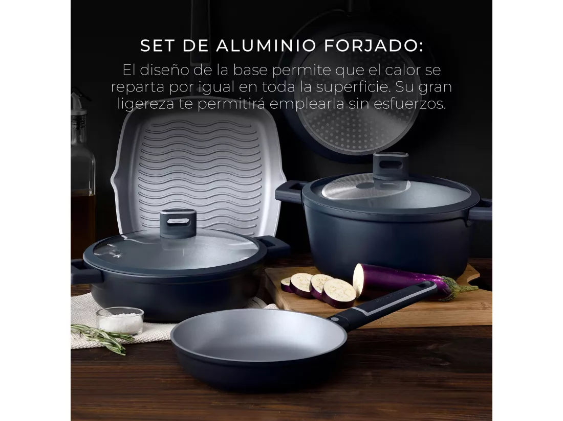 INDIGO Batterie de cuisine 17 pièces en fonte d'aluminium avec poêles à frire, wok, grill, casseroles et casserole avec couvercles MasterPRO