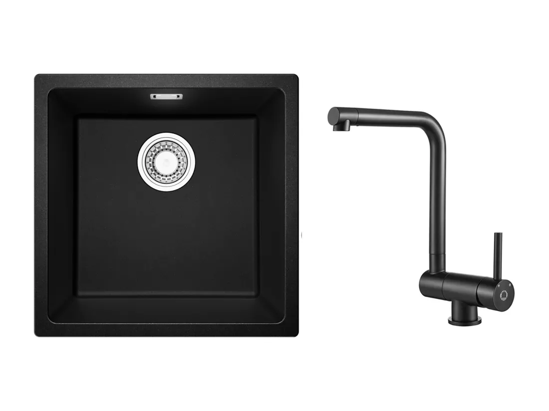 Evier 1 Bac en Quartz et Résine, 3 Options de Montage, 45*44*20cm + Mitigeur de Cuisine Rabattable Noir