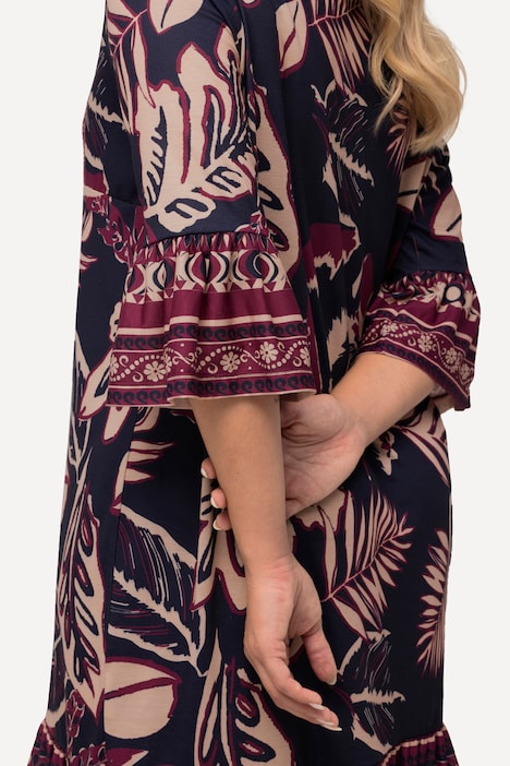 Minikleid, Blätter, A-Linie, V-Ausschnitt, 3/4-Arm