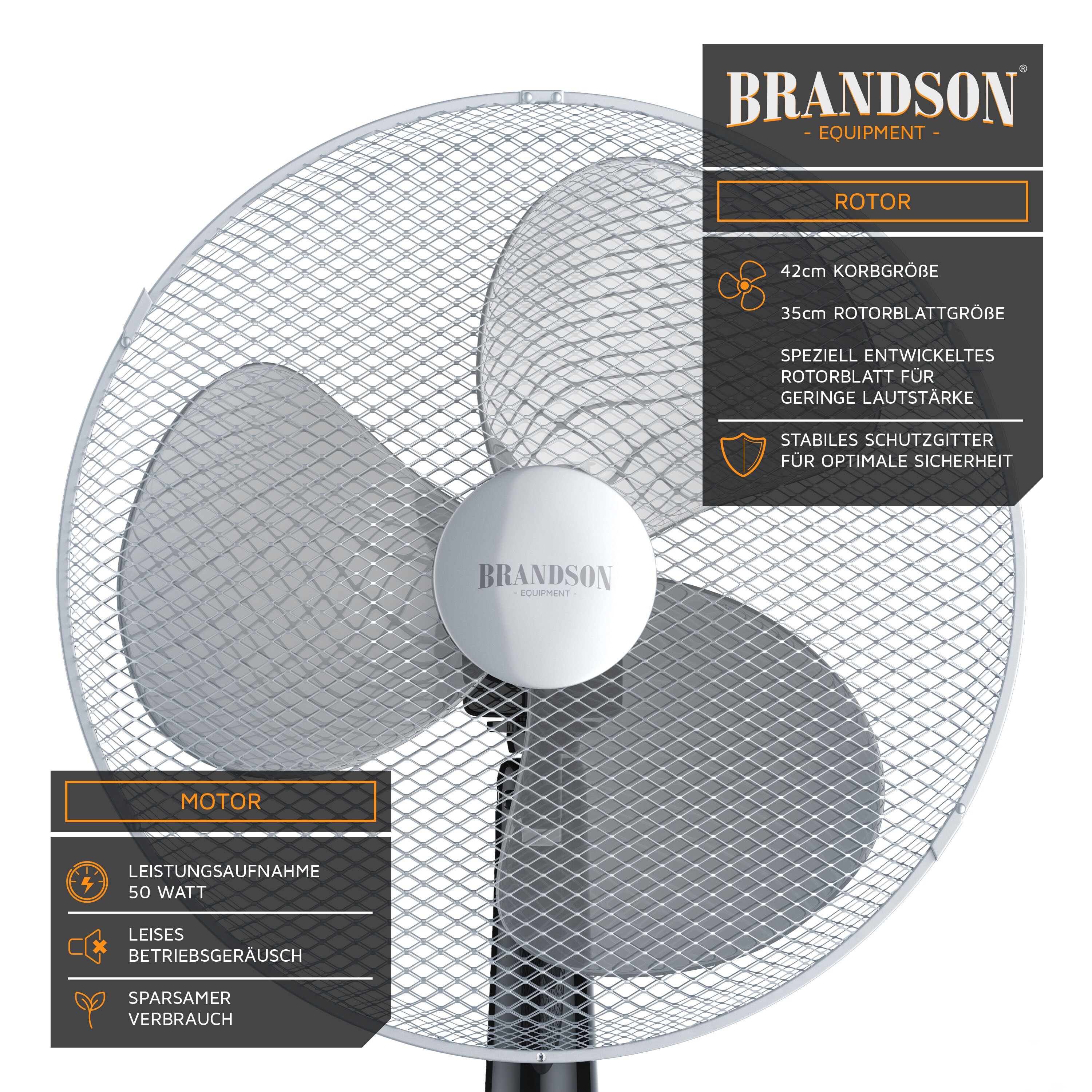 Brandson Standventilator 40cm, Ventilator Standfuß höhenverstellbar, hoher Luftdurchsatz, 3 Leistungsstufen, 80° Oszillation, Schwarz/Silber