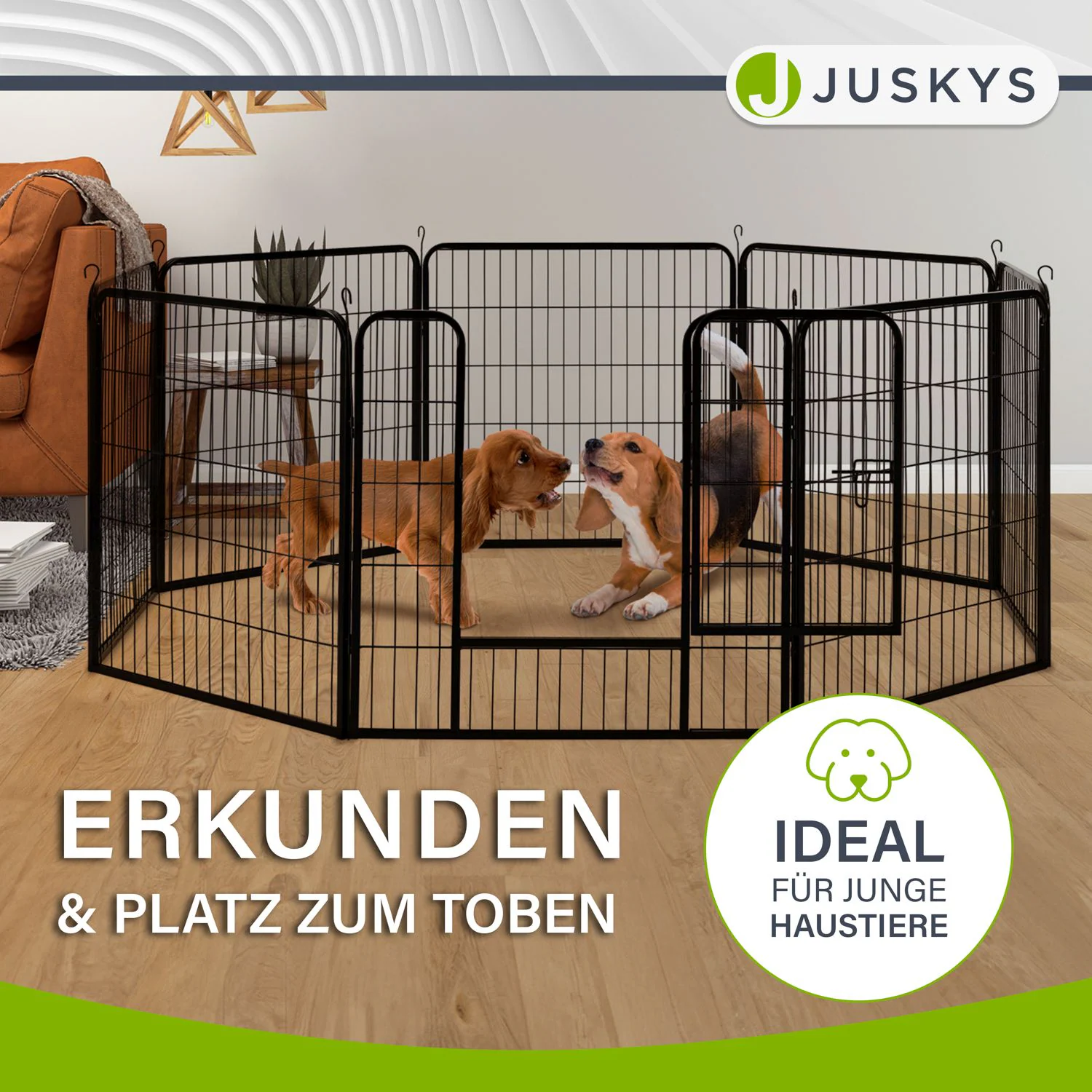 Juskys Welpenauslauf Plus 160x160x80 cm, 8-teilig aus Metall mit Tür für Hunde, Hasen & Kleintiere