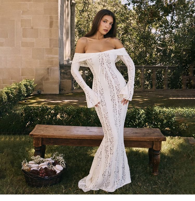Autuna - Lange mouw off-shoulder maxi-zeemeerminjurk met strik aan de voorkant en kant