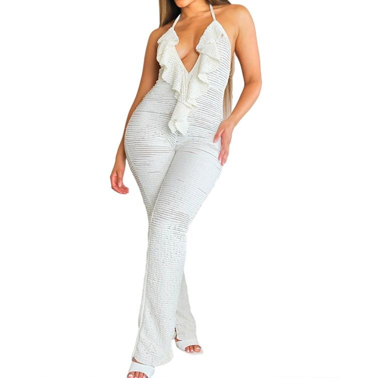 Oonnukal - Halter V-hals Effen Ruffle Volant Uitlopende Jumpsuit
