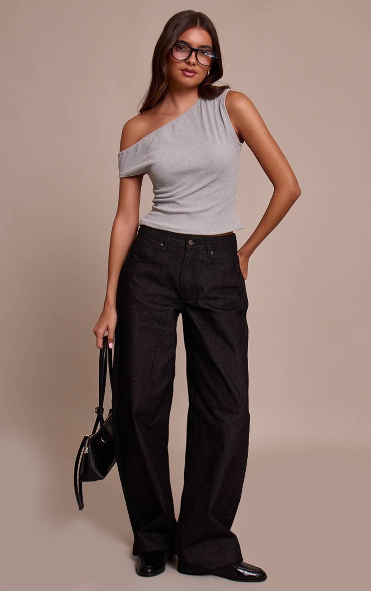 Gris Chiné Haut Long Côtelé Brossé Doux À Encolure Asymétrique