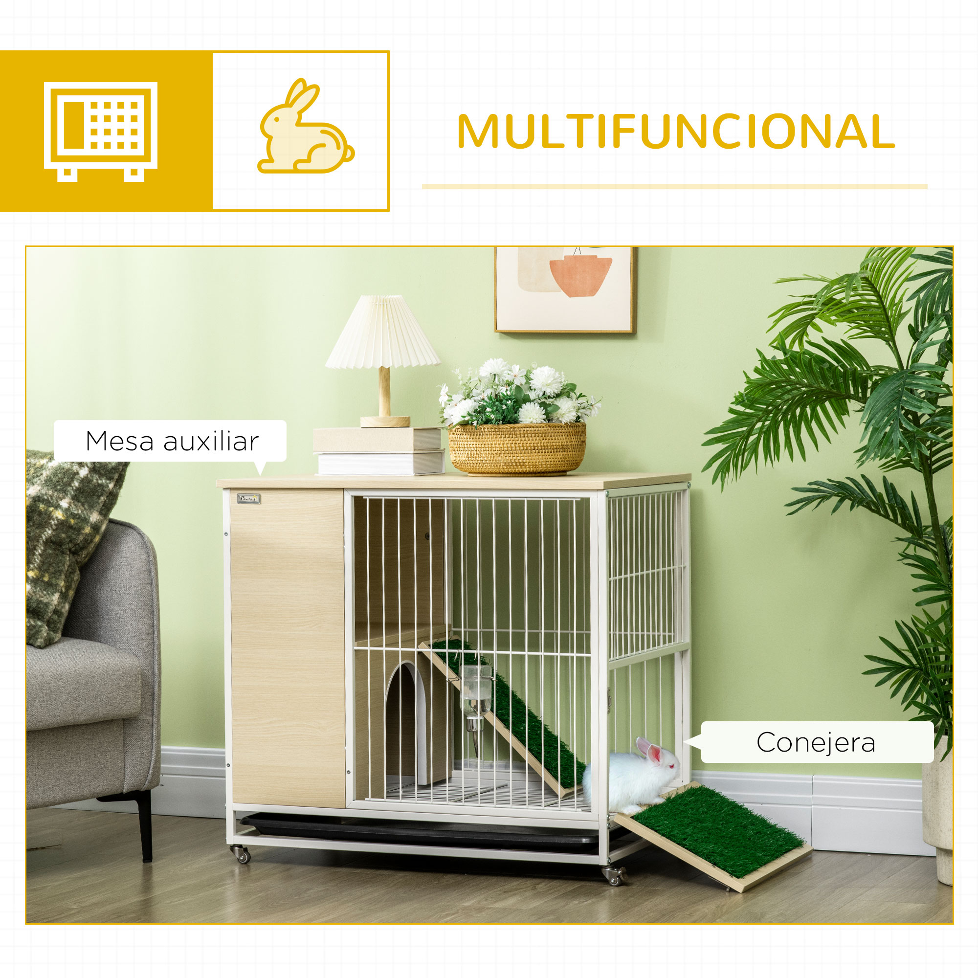Gaiola de madeira PawHut para coelhos com rodas, móvel para coelhos de interior, 78x52,5x76,5 cm, com mesa lateral com teto que abre, cercado, bandeja removível, bebedouro e rampa, cor carvalho.