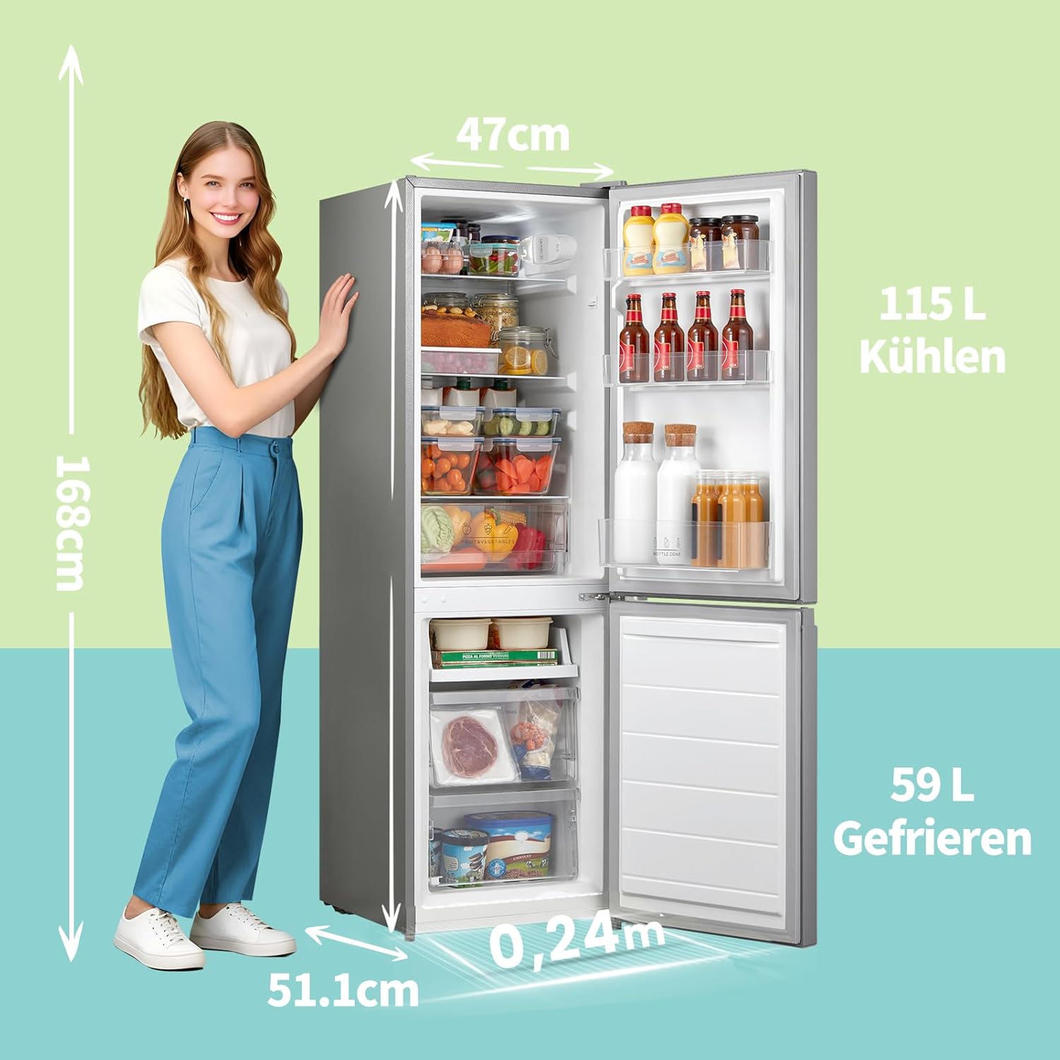 Comfee RCB169DS2(E) Kühl-/Gefrierkombination/150 cm Höhe/Low Frost/Einstellbare Kühlschranktemperatur/LED-Licht/195 kWh/Jahr/115L Kühlteil/59L Gefrierteil/Silber