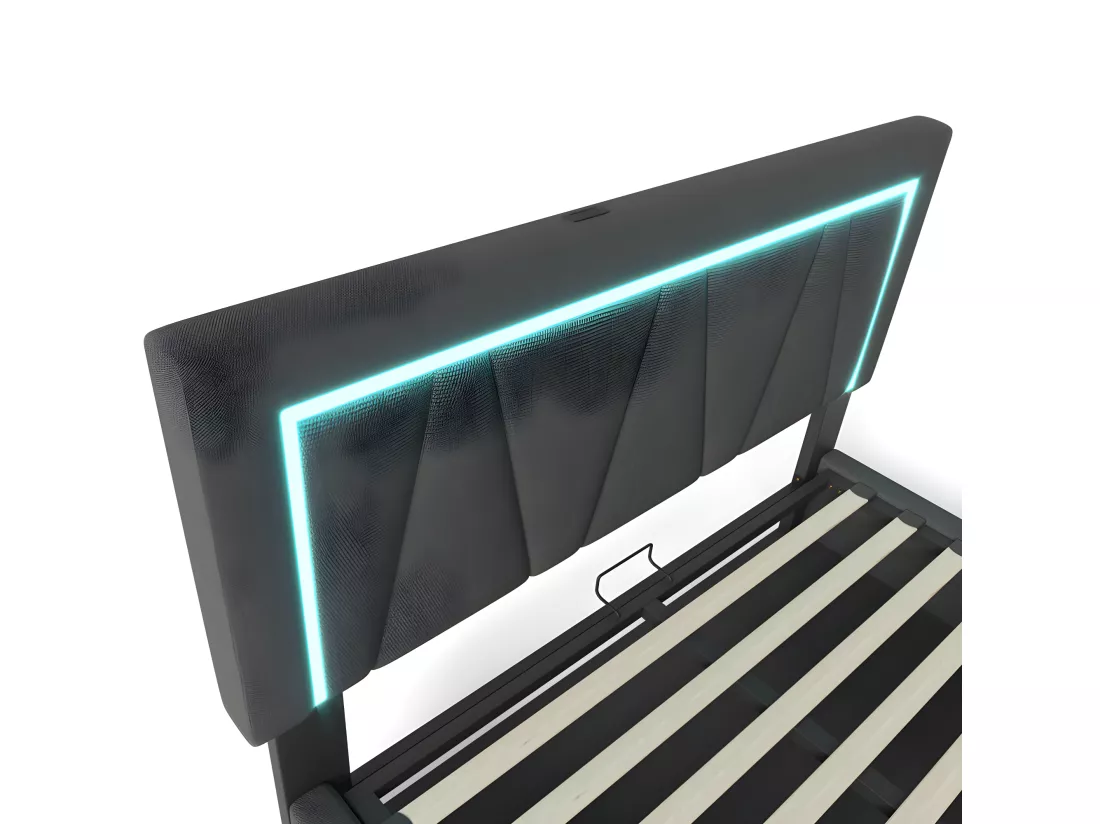 Lit coffre rembourré 160x200cm avec LED et Port de charge USB et Type-C - Tissu en Lin - sommier à lattes - Gris