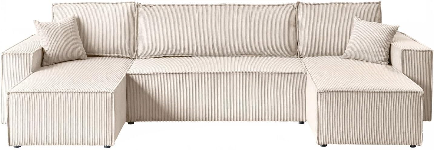 Lookway Ecksofa Carlos U-Form mit Schlaffunktion & Bettkasten – Großes Schlafsofa 130x269 cm, Modernes Sofa mit Stauraum, Bequeme Polsterecke für Wohnzimmer (Creme - Poso 100)