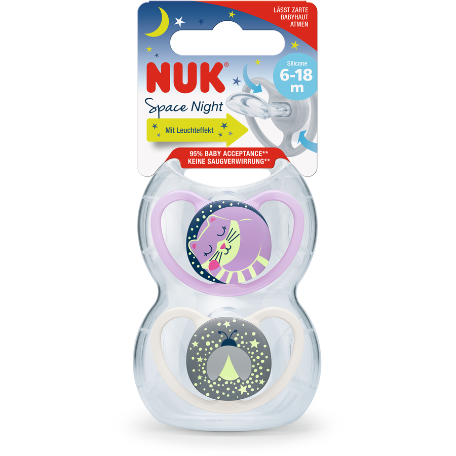 NUK Nachtschnuller Space Gr. 2, 6 -18 Monate Silikon,  Katze & Glühwürmchen, 4 Stück