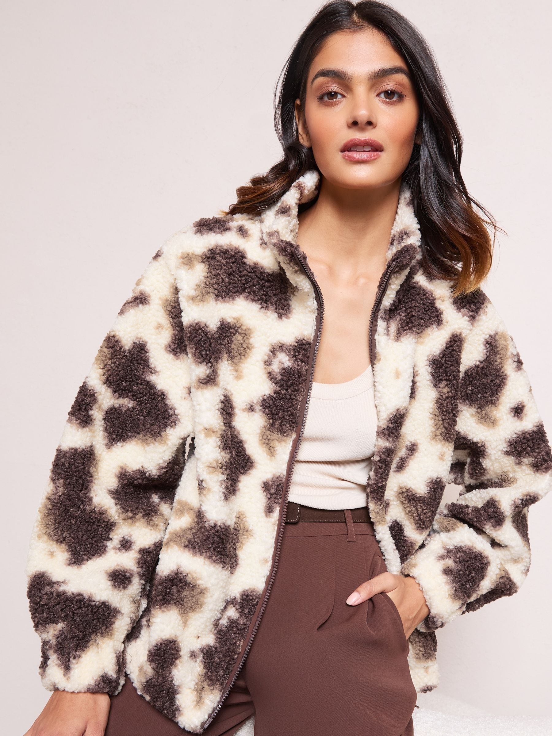 Friends Like These Cow Print Full Zip Borg Jacket