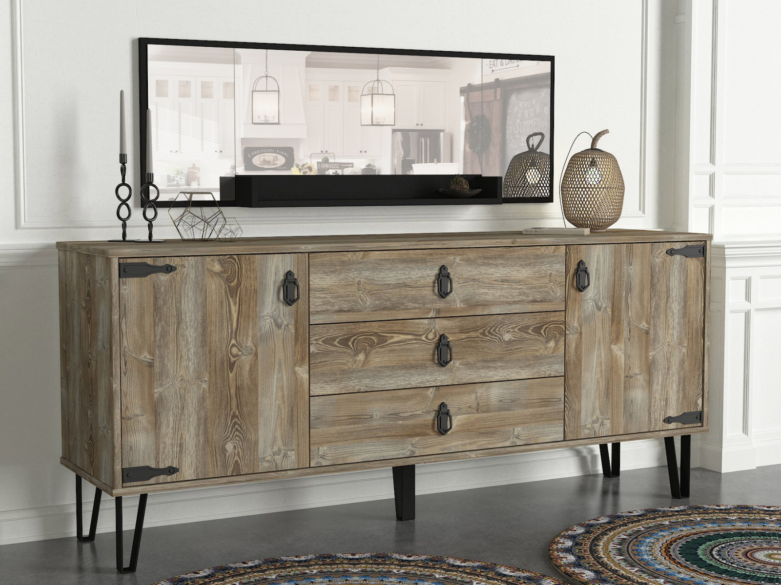 Sideboard mit Spiegel - Eiche-schwarz - 180 cm breit