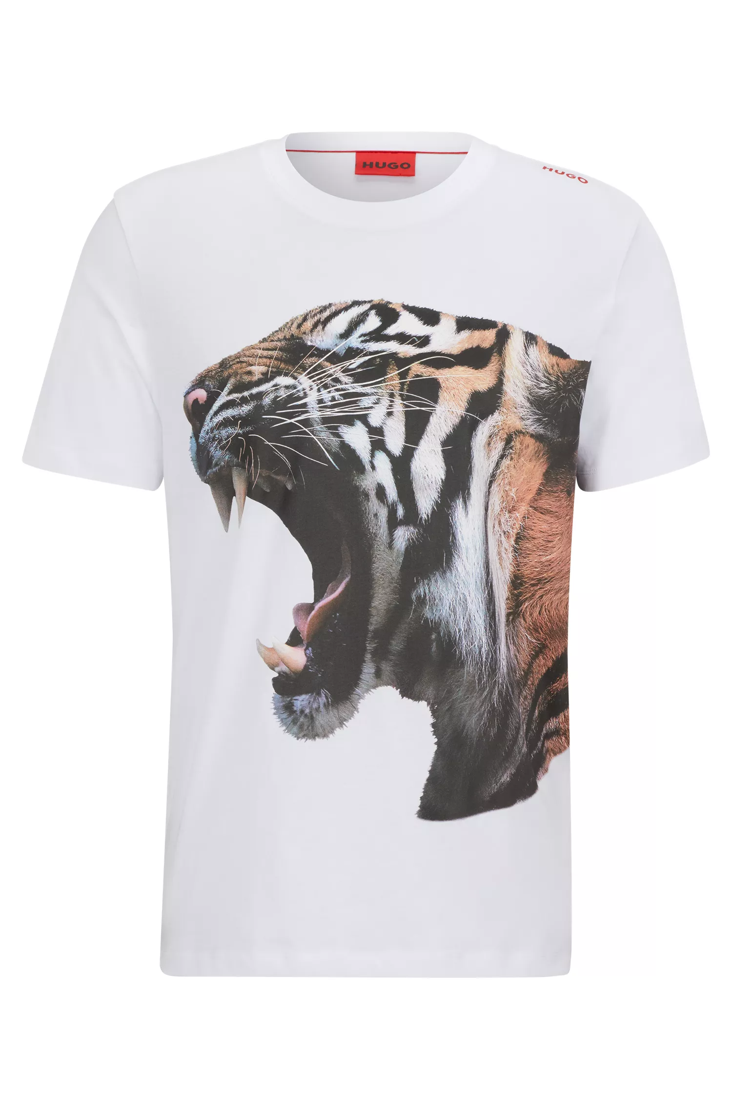 Camiseta HUGO vermelha em malha de algodão com estampa de tigre.
