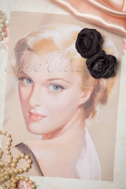 ZaZoo Pin-Up Paar Zwarte Bloem Haarclips